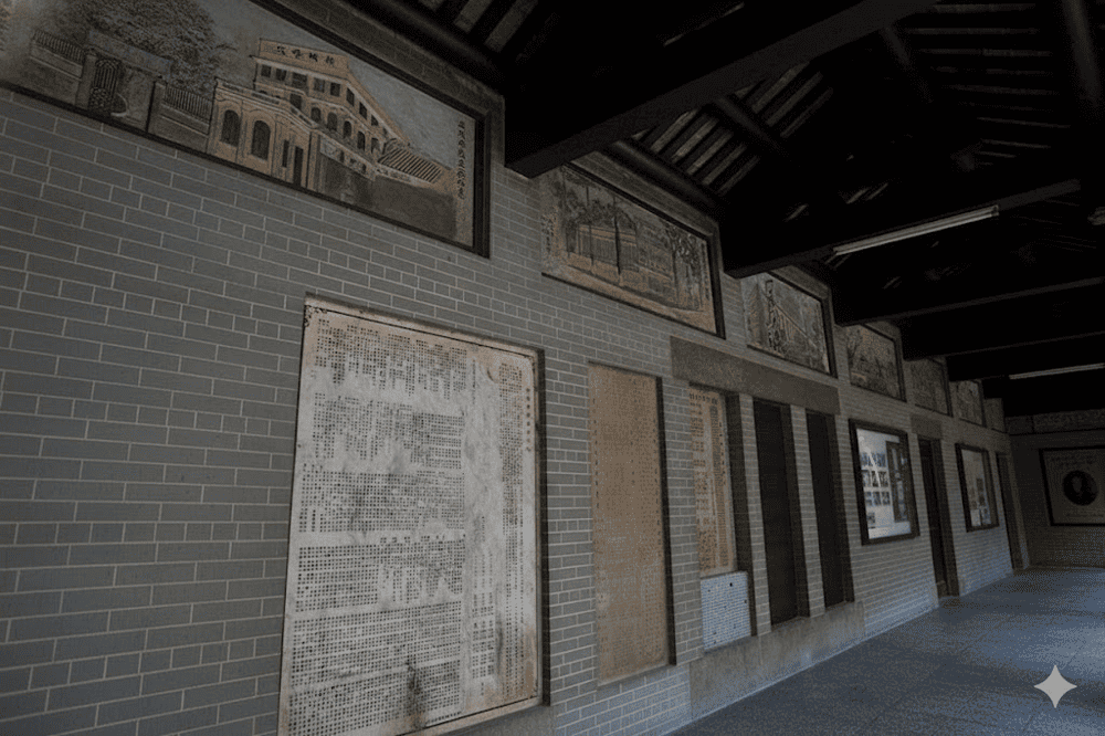 Nhiều bức tranh cổ, văn tự kể về truyền thuyết Bà Thiên Hậu bố trí dọc hành lang tại khu vực giếng trời